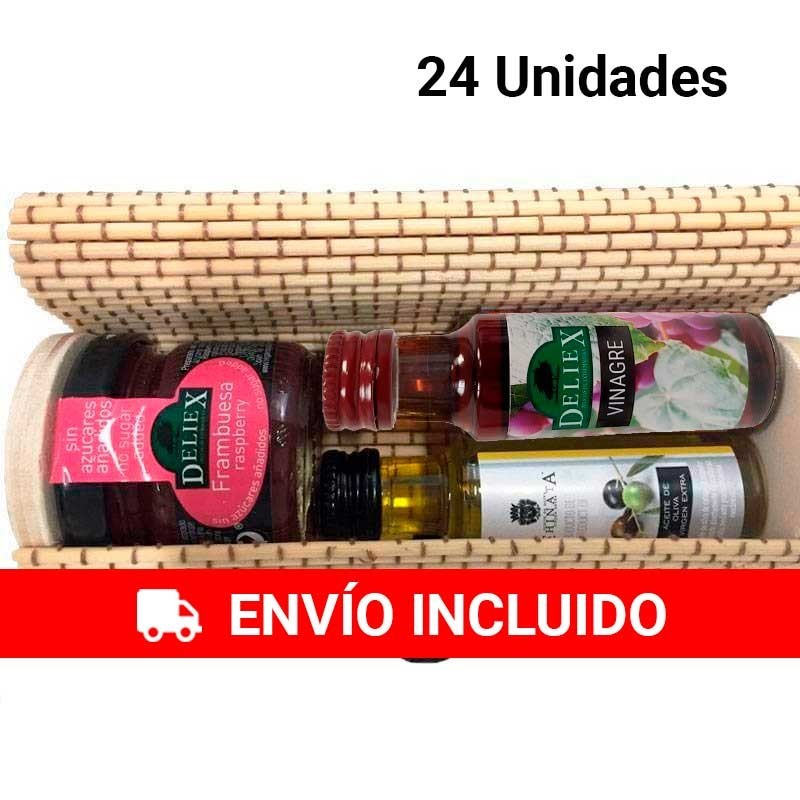 Pack 24 Baúles con aceite, vinagre y mermelada de frambuesa