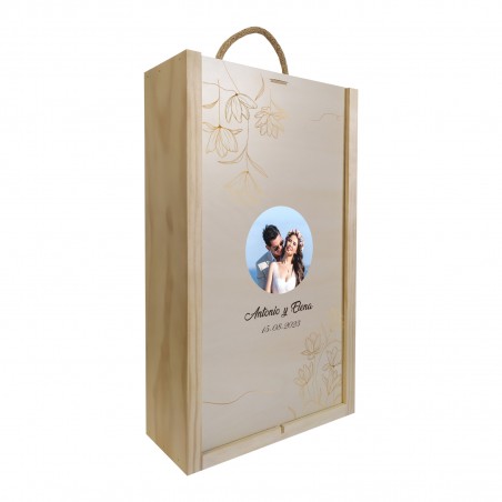 Caja de madera personalizable con foto y texto, diseño elegante, ideal bodas, dos botellas