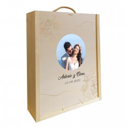Caja de madera personalizable con foto y texto, diseño elegante, ideal bodas, 3 botellas