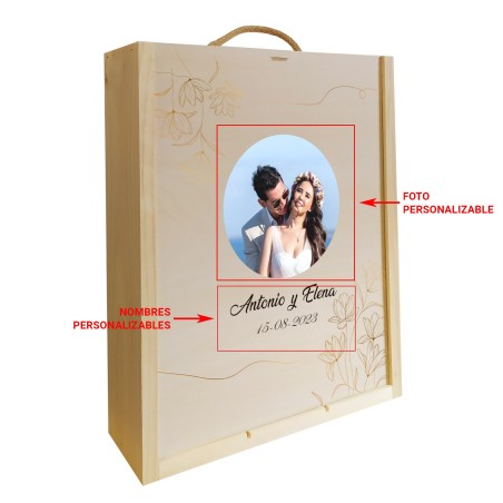 Caja de madera personalizable con foto y texto, diseño elegante, ideal bodas, 3 botellas