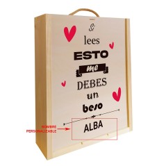 Caja de madera para tres botellas. "Si lees esto..." con texto personalizable