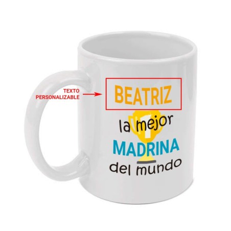 Mug personnalisé « Meilleure marraine du monde ». Ajoutez le nom de votre choix.