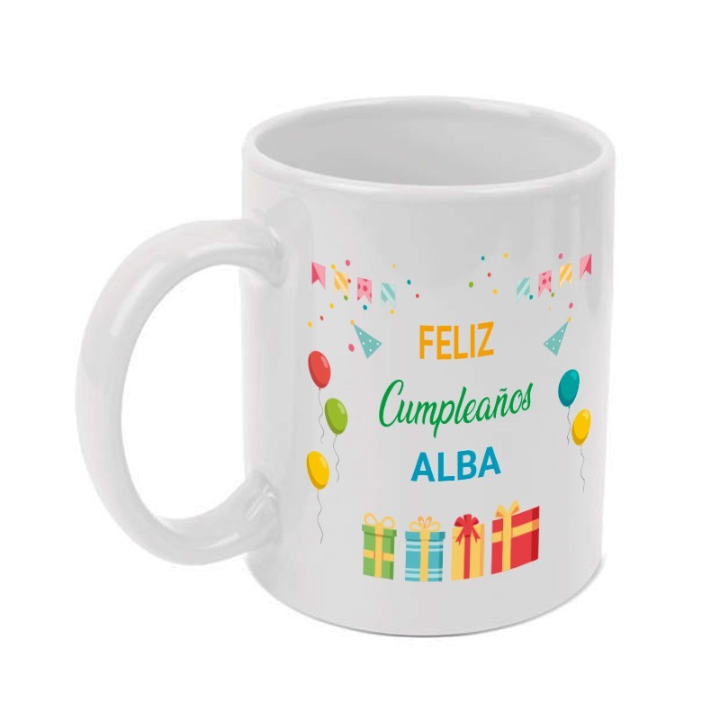 Taza personalizada "Feliz cumpleaños". Pon el texto que desees.