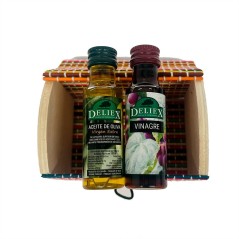 Extra virgin olive oil and Sherry vinegar with wood trunk