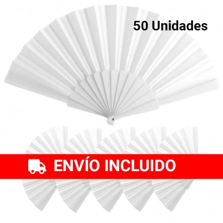 (Amazon) Pack de 50 Abanicos de Bodas PVC y Tela de Color Blanco