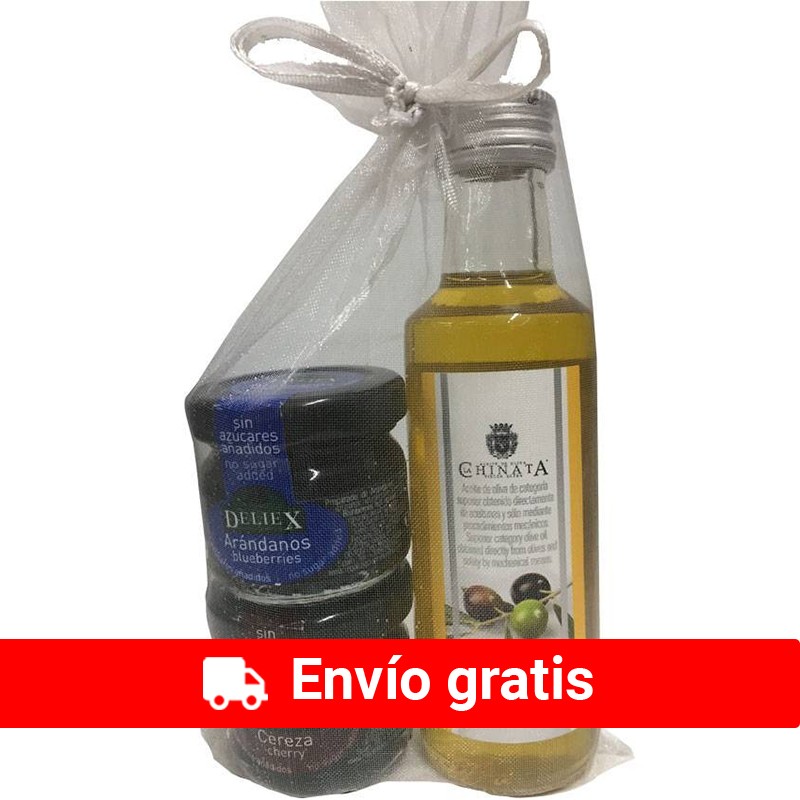 24 unidades de aceite de oliva virgen extra y mermeladas de arándanos y cerezas