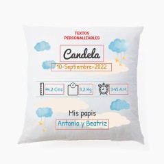 Coussin nouveau-né personnalisé avec les informations de bébé. 40 x 40 cm