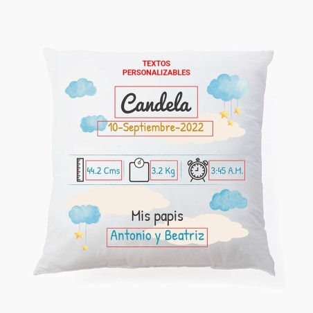 Personalized newborn cushion with baby's details. 25x25 cm
