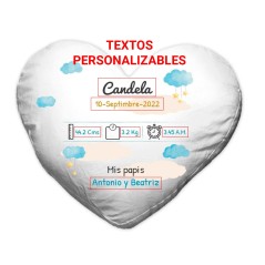 Cojín personalizable para bebé con los datos del nacimiento. Corazón 33x33 cms - Regalos gourmet online