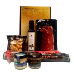 Cesta gourmet para regalar con aceite, embutidos, queso y paté