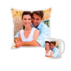 Taza y cojín personalizados con foto y/o texto (35 x 35 cm)