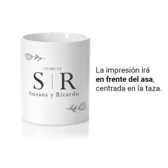 Taza blanca personalizada para regalar en bodas - Regalos Gourmet Online.