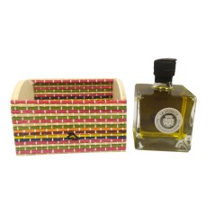 Extra Virgin Olive Oil decorated with a wooden chest.