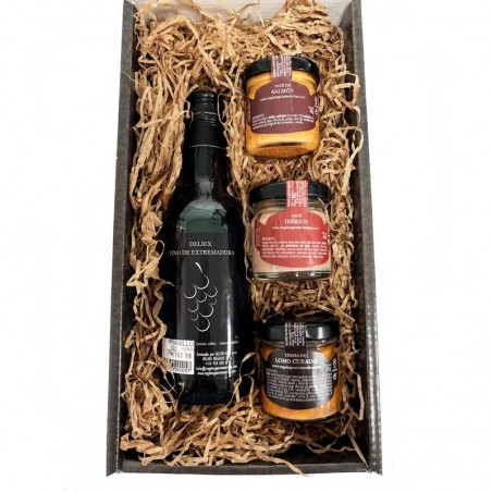 Deliex screenprinted gift basket with Extremadura wine and three pates