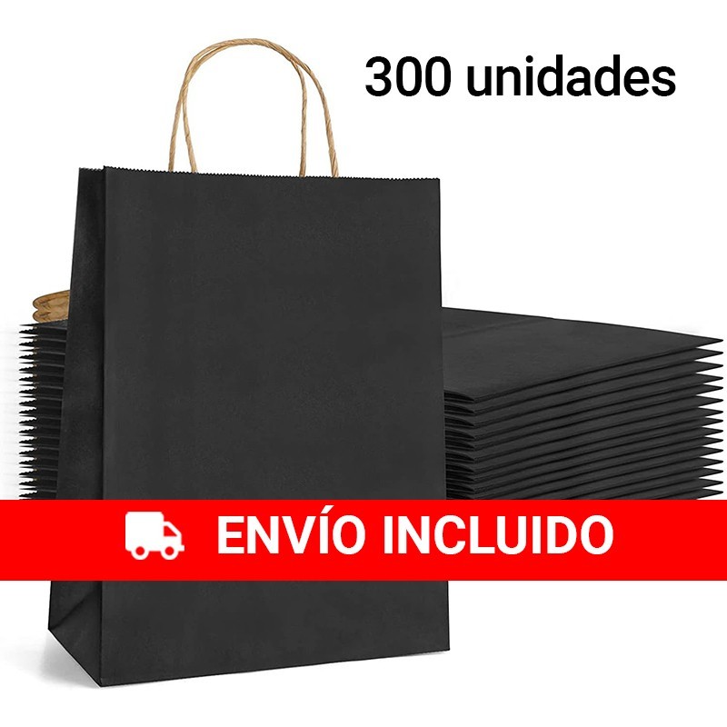 Caja 300 Bolsas papel con asas negras 24 x 32 x 11 cm