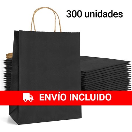 Box of 300 black paper bags with handles, 24 x 32 x 11 cm