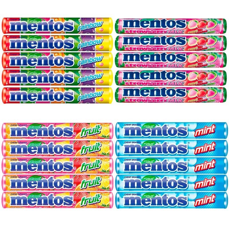 Caja 20 Mentos de 38 gr 4 variedades 5 menta, 5 Rainbow, 5 Fruit y 5 fresa