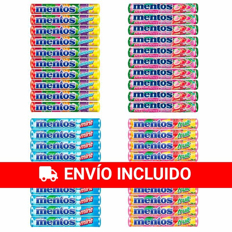 2 Cajas 40 Mentos de 38 gr 4 variedades 10 menta, 10 rainbow, 10 fruit y 10 fresa