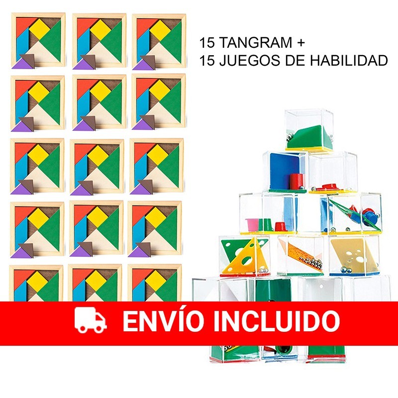 Pack 25 puzzles Tangram y 15 juegos de habilidad