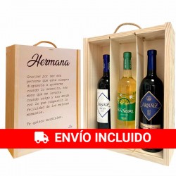 Caja con 3 botellas de vinos personalizada Hermana