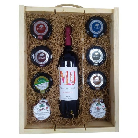 Large wooden Christmas box with Montequinto wine, cream cheese, various pates and jams