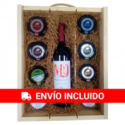 ▷ Grand coffret en bois avec vin et produits gastronomiques