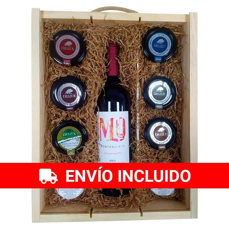 Estuche navideño grande de madera con vino Montequinto, cremas de queso, patés varios y mermeladas