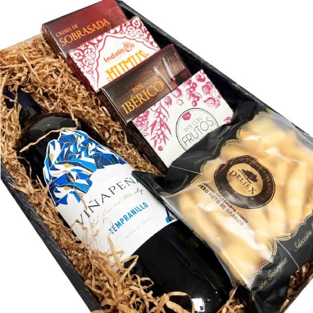Gift basket with wine and gourmet pâtés