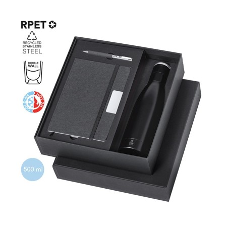 Gift set with notepad, rollerball pen and thermal water bottle