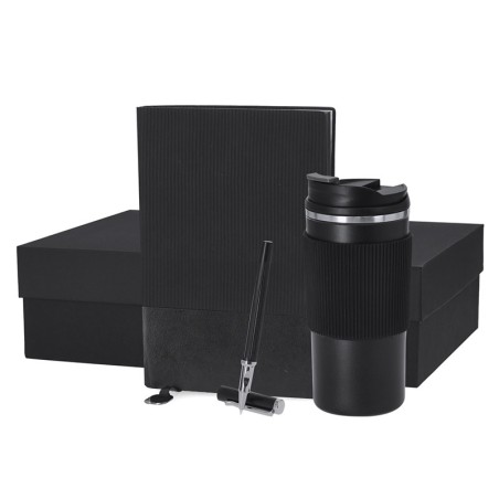 Coffret cadeau avec carnet, stylo roller et mug isotherme