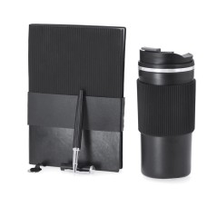 Coffret cadeau avec bloc-notes, stylo roller et mug isotherme