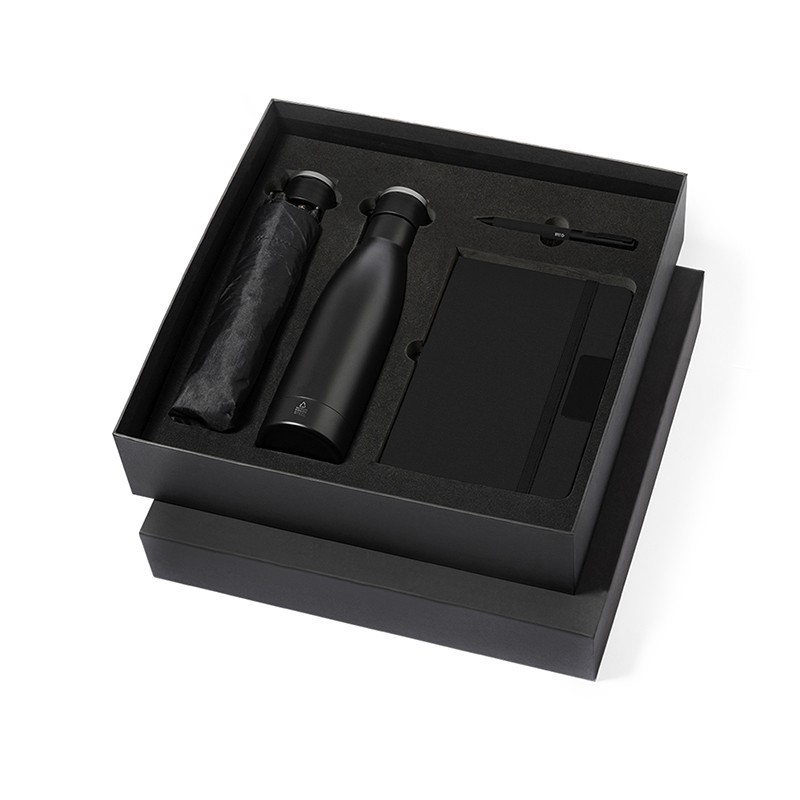 Original gift set consisting of an umbrella, notepad, thermal water bottle, and pen.