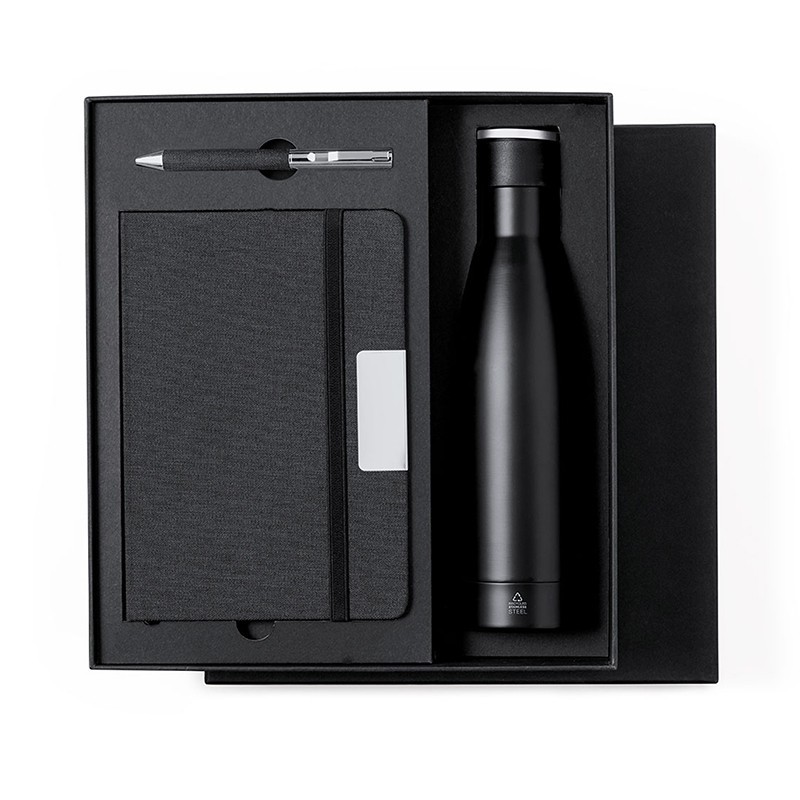 Coffret cadeau comprenant un bloc-notes, un stylo à bille et une bouteille isotherme