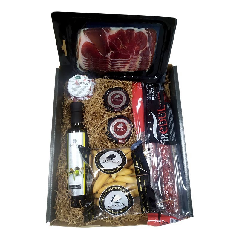 CESTA GOURMET PARA REGALAR CON ACEITE, IBÉRICOS