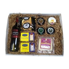 Gift box with wine, cheeses, preserves, picks ...