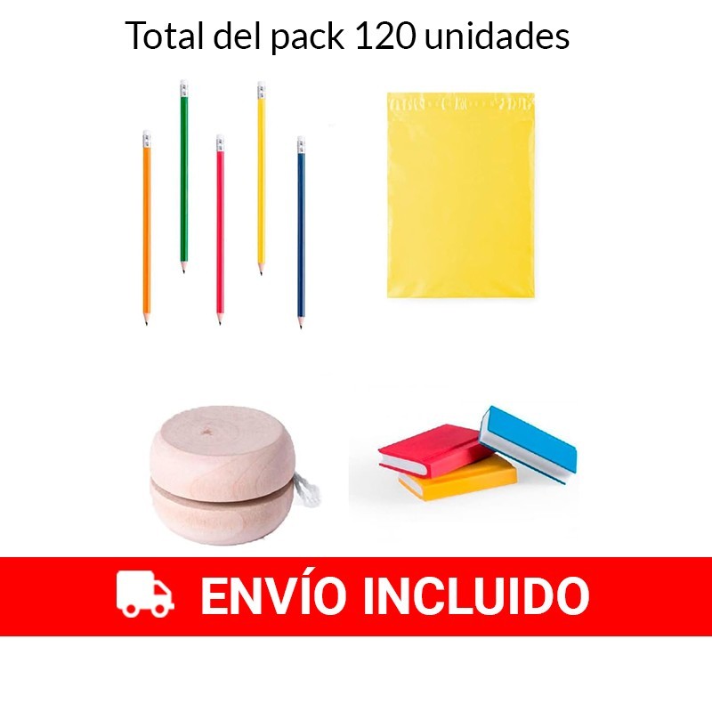 Pack de 30 crayons + 30 yo-yos en bois + 30 jeux de gommes souples à offrir en cadeau.