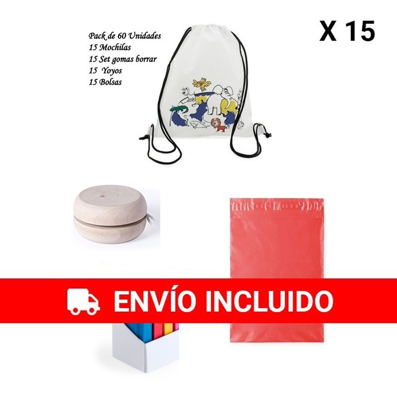 Pack cadeau drôle et économique pour les anniversaires des enfants. Sacs à dos pour enfants + yoyos + livre de gommes.