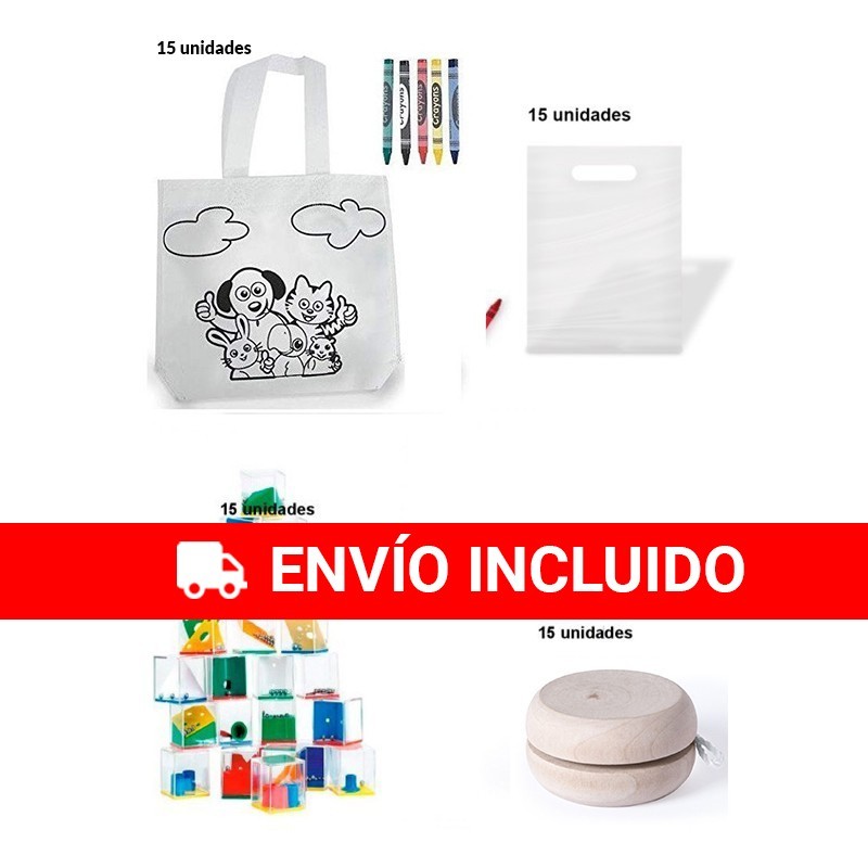 Pack 15 bolsas colorear + 15 juego habilidades + 15 yoyos