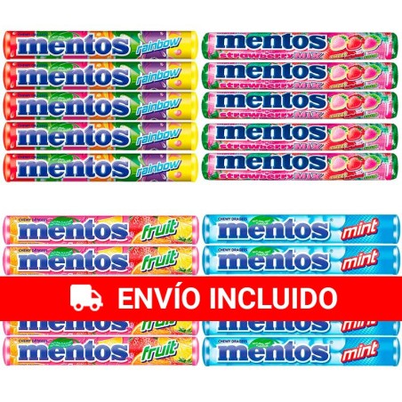 Caja 20 Mentos de 38 gr 4 variedades 5 menta, 5 Rainbow, 5 Fruit y 5 fresa