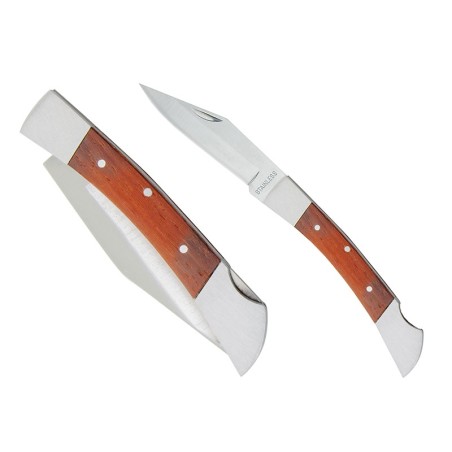 Wooden and stainless steel folding knife with safety lock