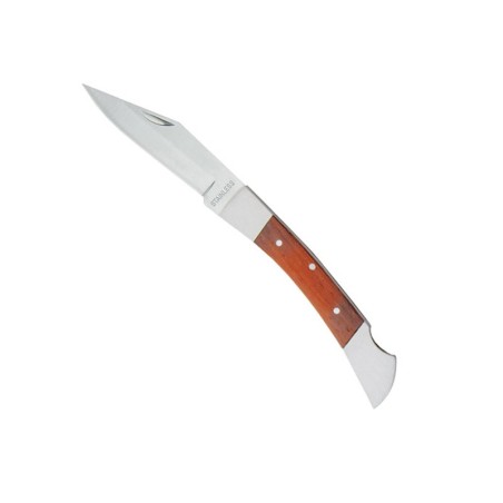Couteau pliant en bois et acier inoxydable avec système de verrouillage de sécurité.