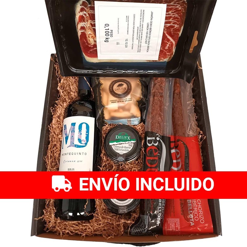 Estuche de productos ibéricos con vino Montequinto