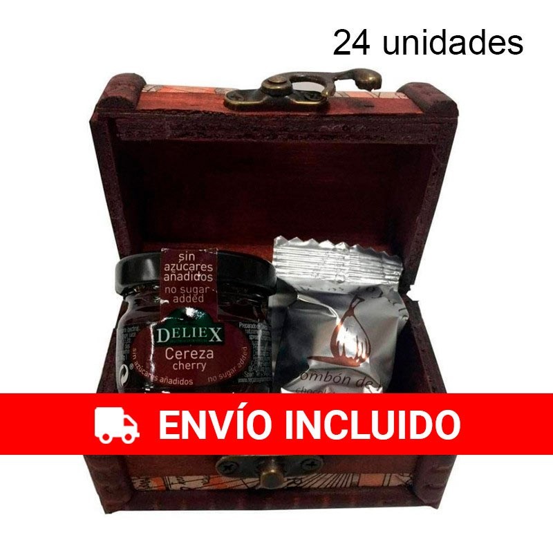 24 coffres en bois contenant du chocolat aux figues et de la confiture de cerises