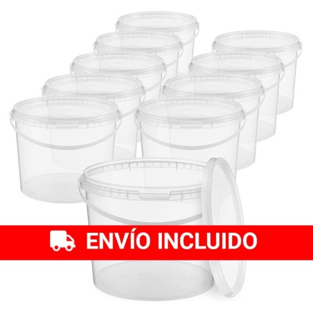 10 Round clear plastic buckets with lids 4600 cc