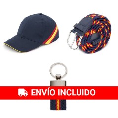 Lote bandera España cinturón azul + gorra azul + llavero