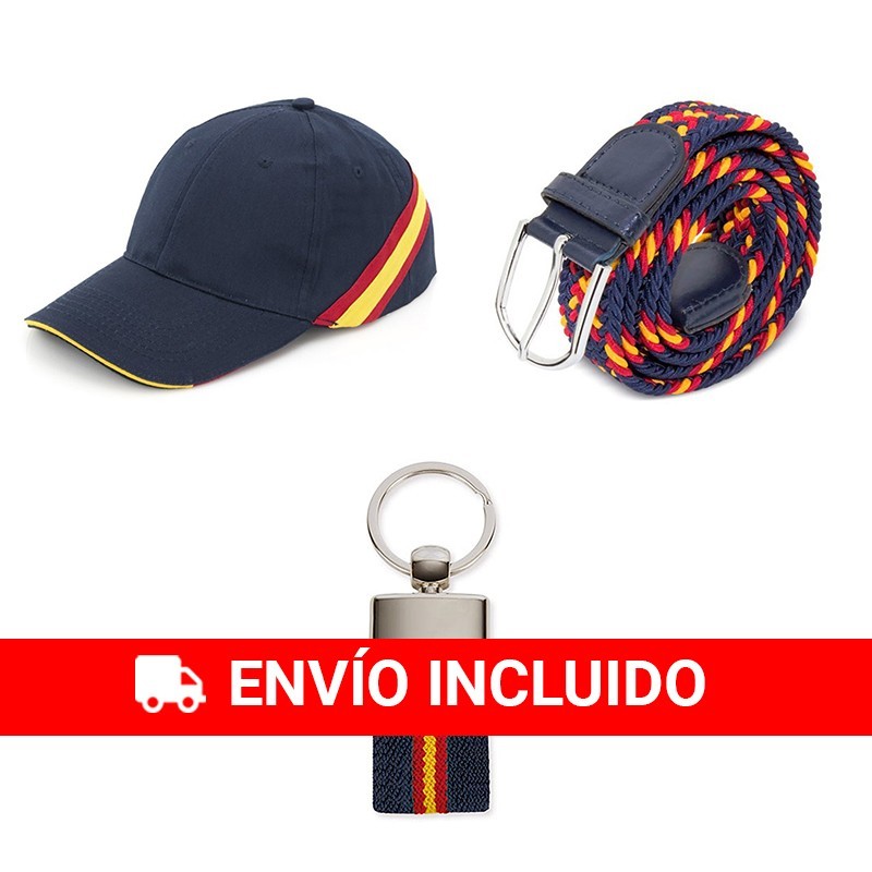 Lote bandera España cinturón azul + gorra azul + llavero