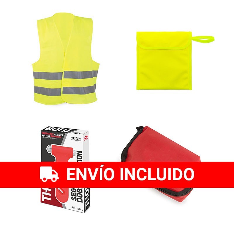 Kit de emergencias + primeros auxilios (1 chaleco + 1 bolsa + 1 martillo + 1 botiquín)