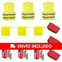 3 Kit de emergencias + 3 primeros auxilios (3 chalecos + 3 bolsas + 3 martillos + 3 botiquines)
