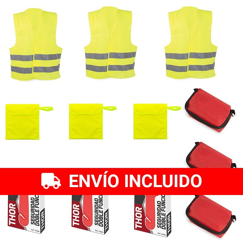 3 Kit de emergencias + 3 primeros auxilios (3 chalecos + 3 bolsas + 3 martillos + 3 botiquines)