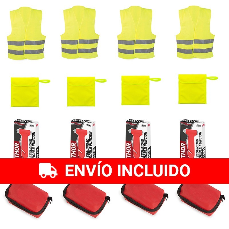 4 Kit de emergencias + 4 primeros auxilios (4 chalecos + 4 bolsas + 4 martillos + 4 botiquines)